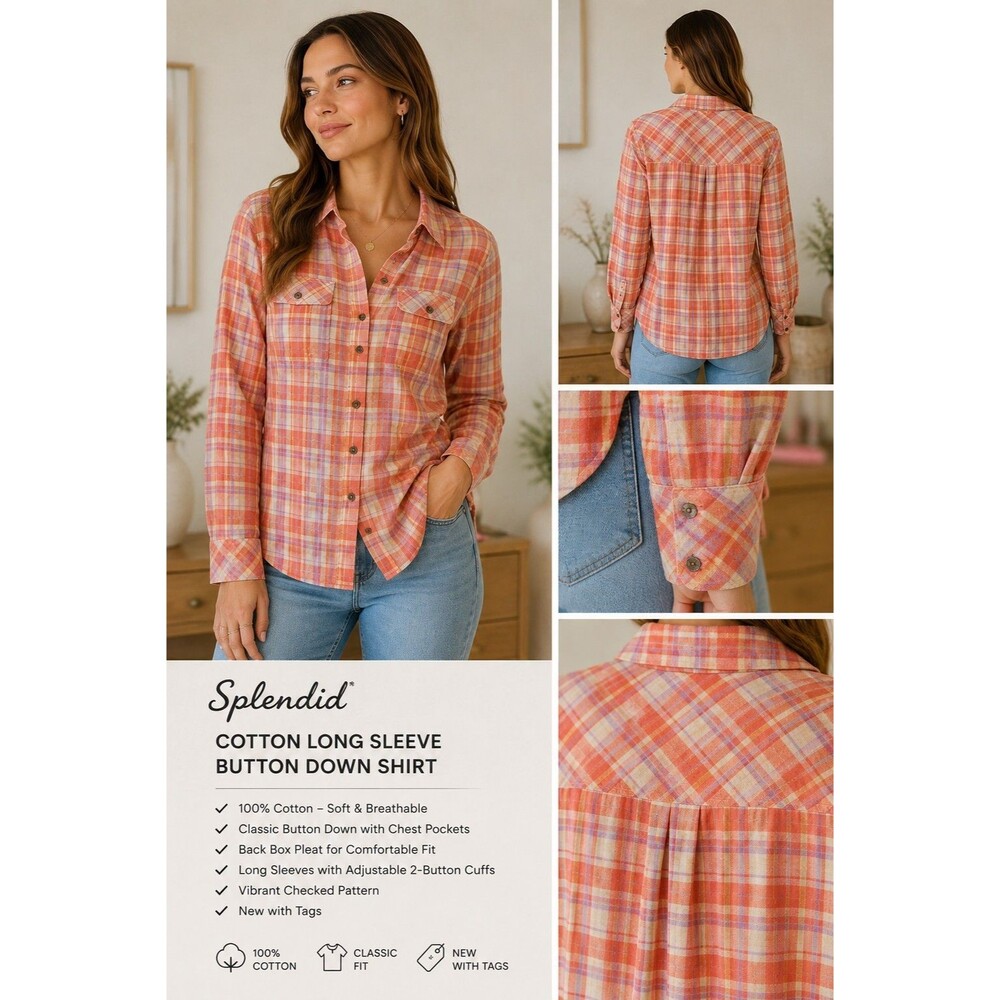 New Splendid Cotton Long Sleeve Button Down Size S Checkered Women Shirt